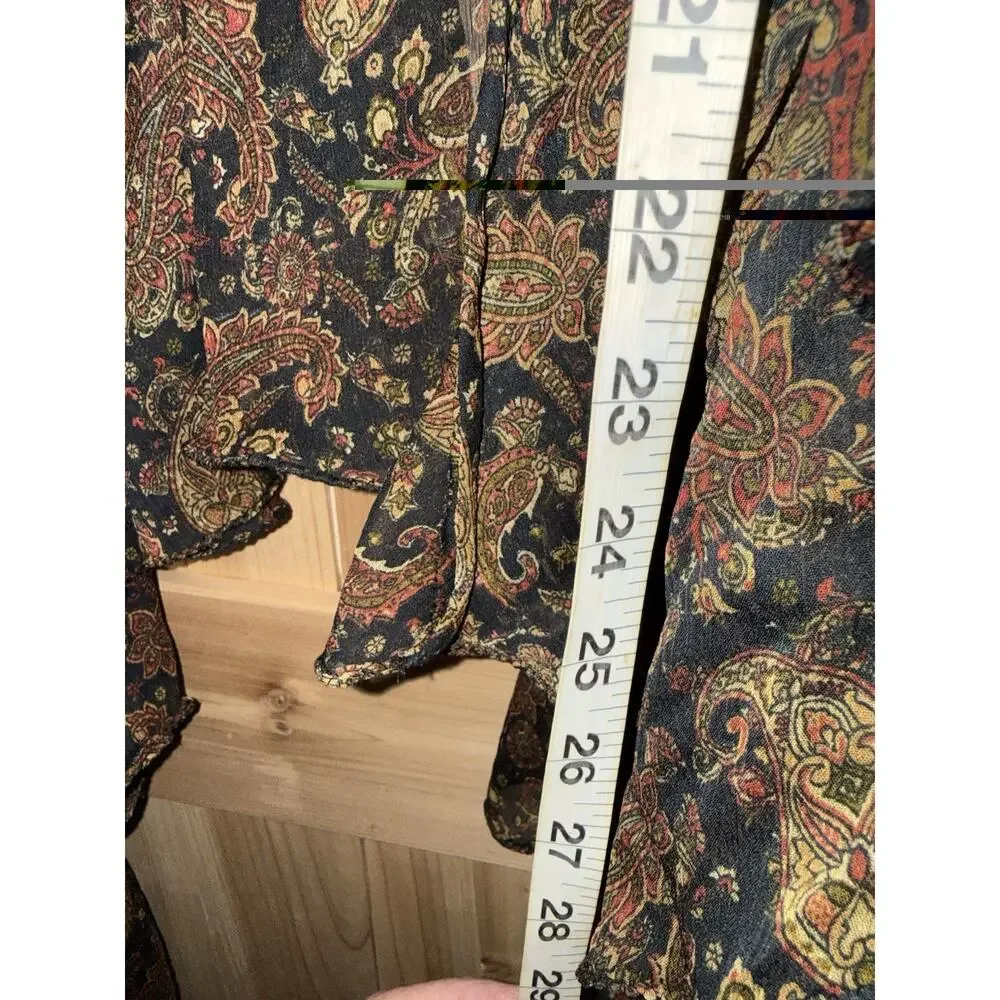 Free People Sheer Ruffle Brown Paisley Y2K Boho High Low Duster Cover Up Sz M/L
